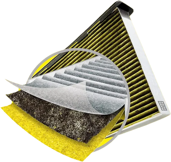 MANN-FILTER FreciousPlus kabin filtresi ve üç katmanının kesiti